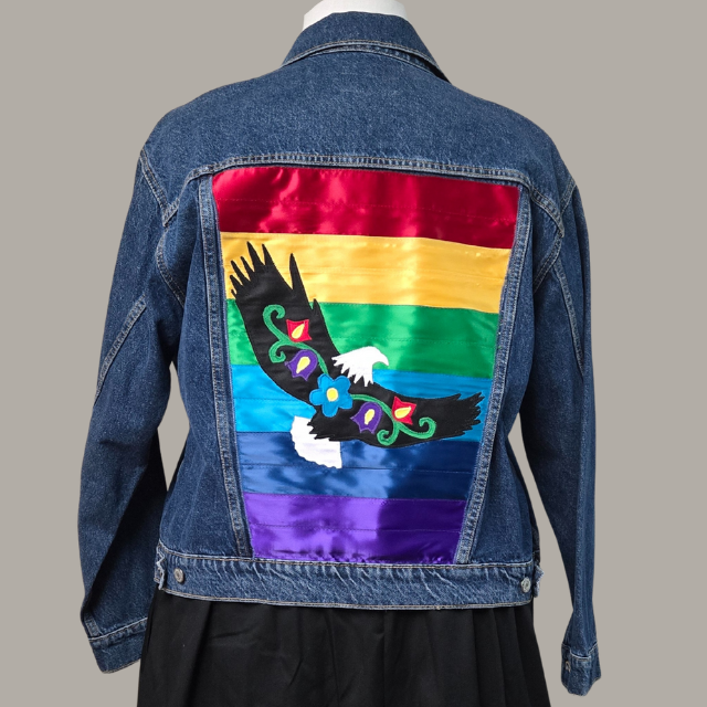 Denim jacket with ribbons and eagle floral applique