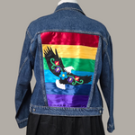 Denim jacket with ribbons and eagle floral applique
