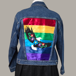 Denim jacket with ribbons and eagle floral applique