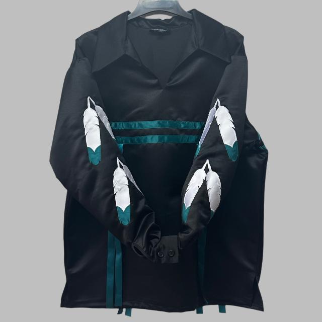 RIBBON SHIRT EAGLE FEATHERS ON SLEEVE